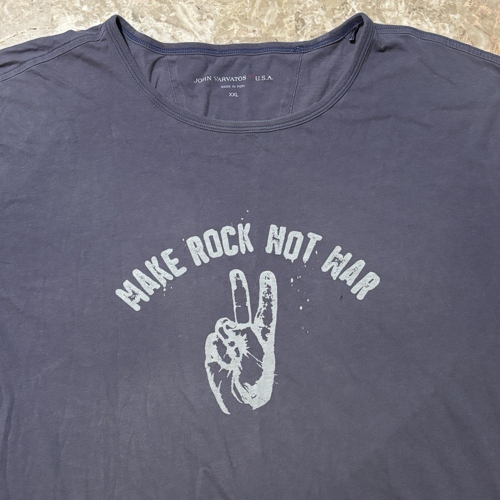 John Varvatos Shirt Mens 2XL Blue Grey Make Rock Not Wear Peace Sign Graphic